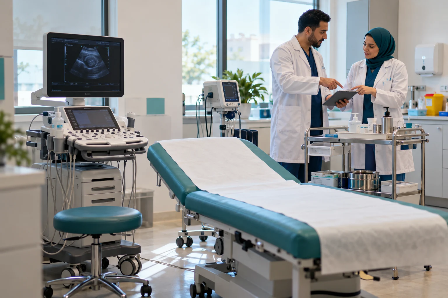 Illustration de professionnels de santé et de matériel dans un espace de soins